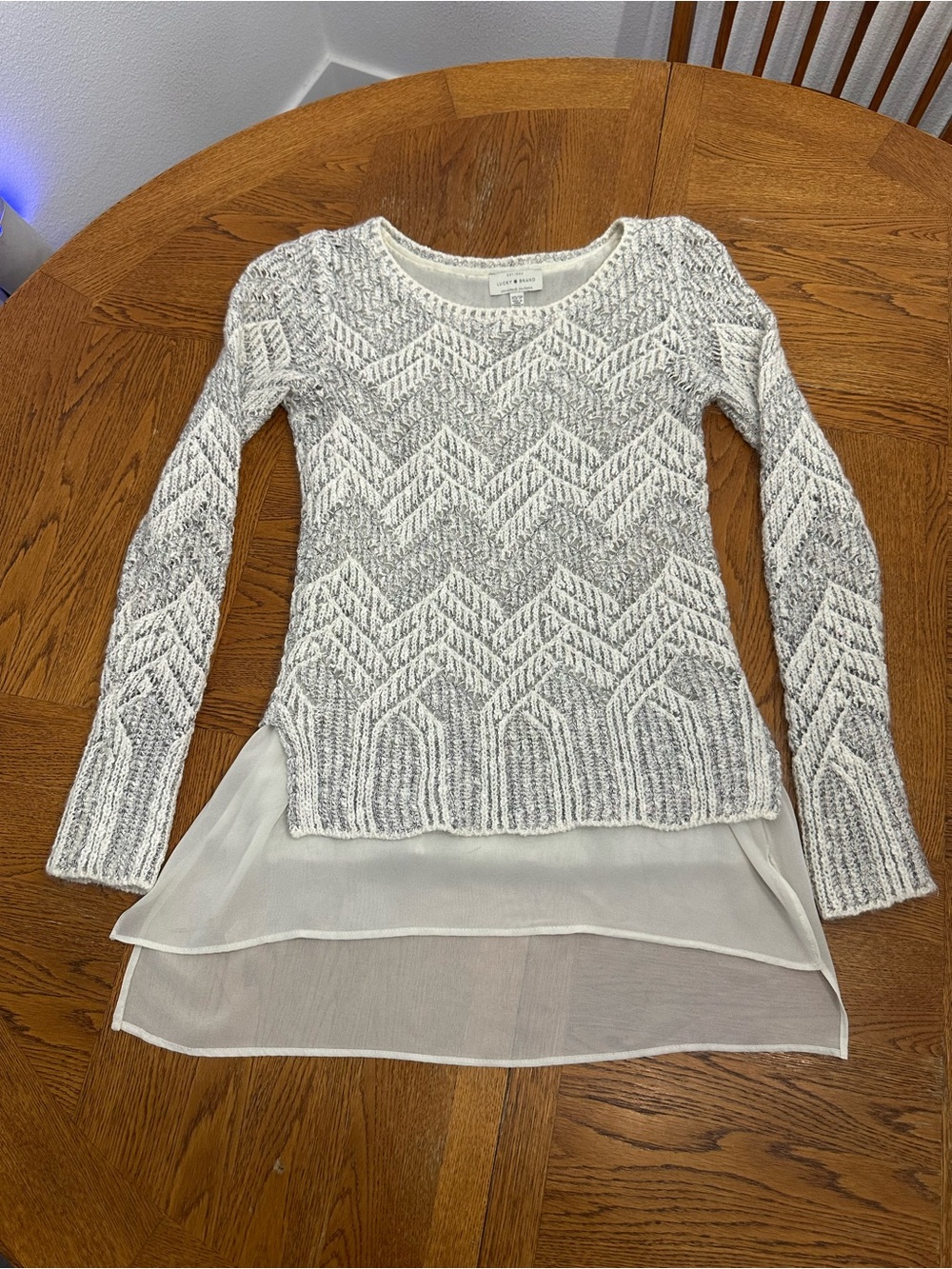 Lucky Brand XS Grey Chevron Knit Sweater Chiffon Layered Tunic Top